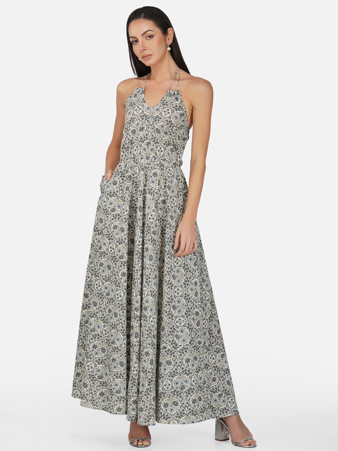 

METRO-FASHION Floral Printed Shoulder Strap Fit & Flare Maxi Dress, Grey