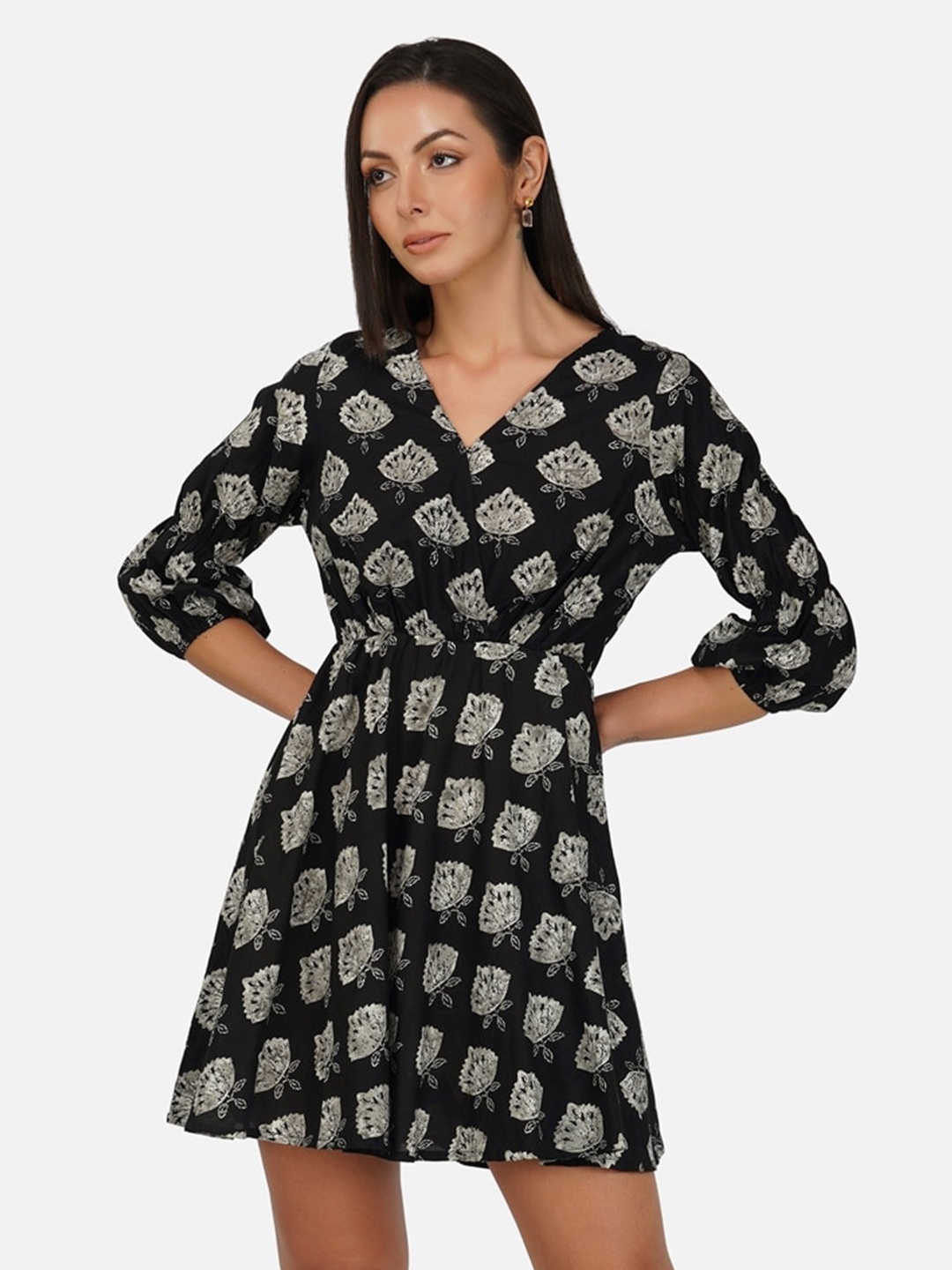 

METRO-FASHION Floral Printed Cotton Fit & Flare Dress, Black