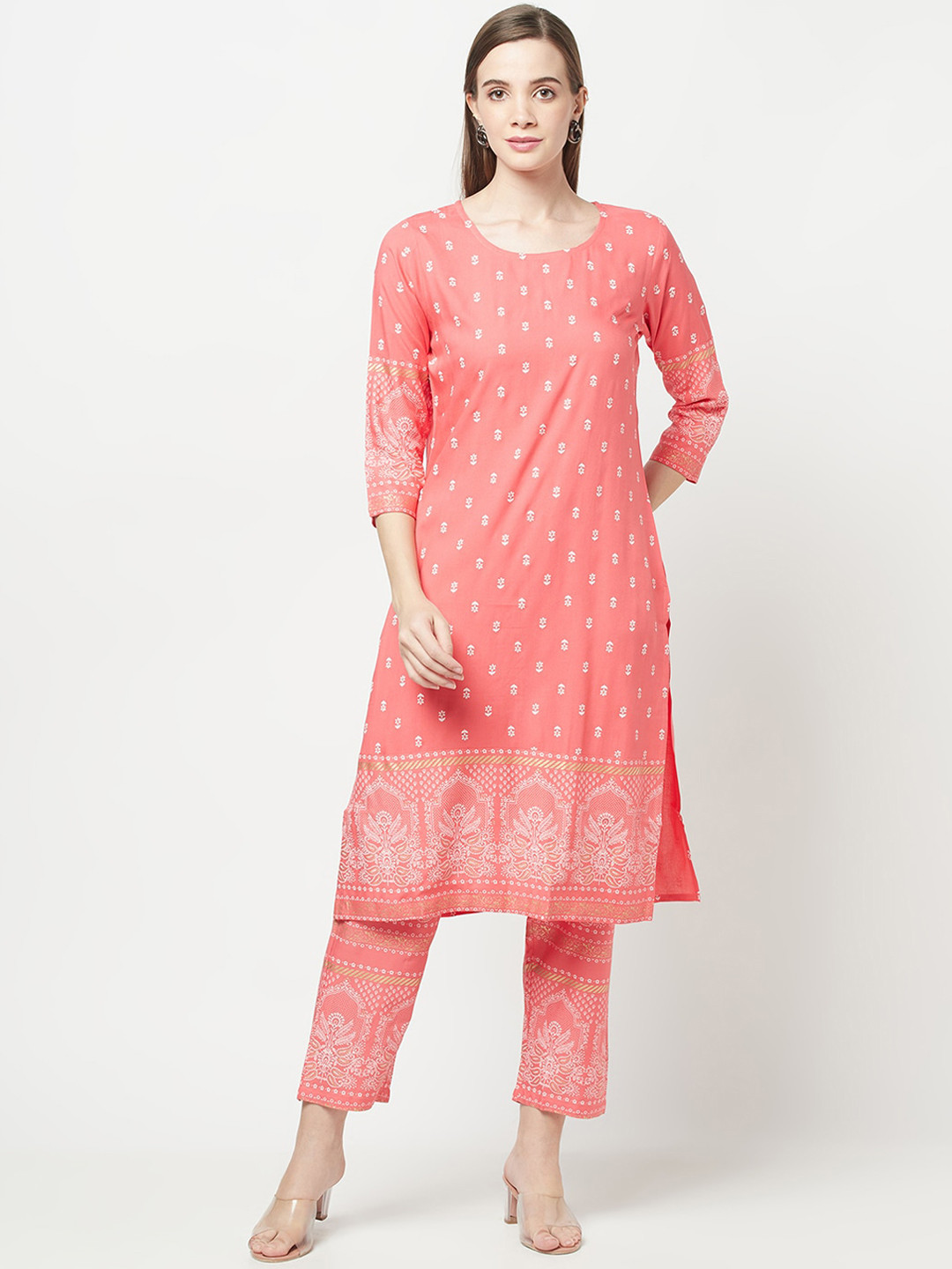 

KALINI Ethnic Motifs Printed Straight Kurta with Trousers & Dupatta, Pink