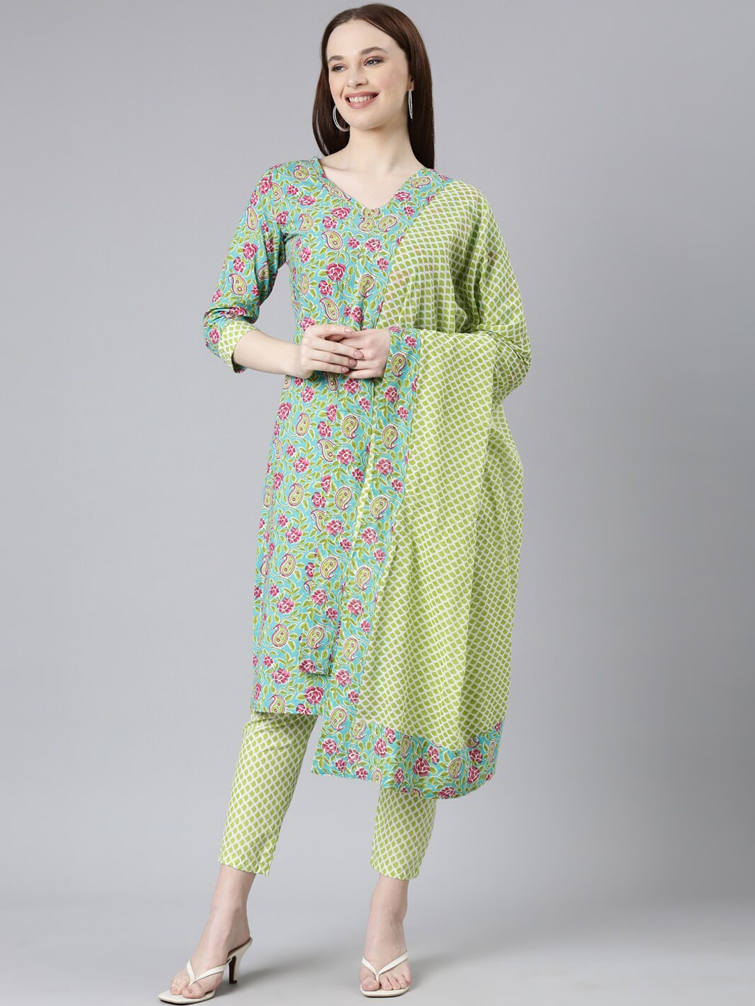 

KALINI Floral Printed Gotta Patti Pure Cotton Kurta with Trousers & Dupatta, Turquoise blue