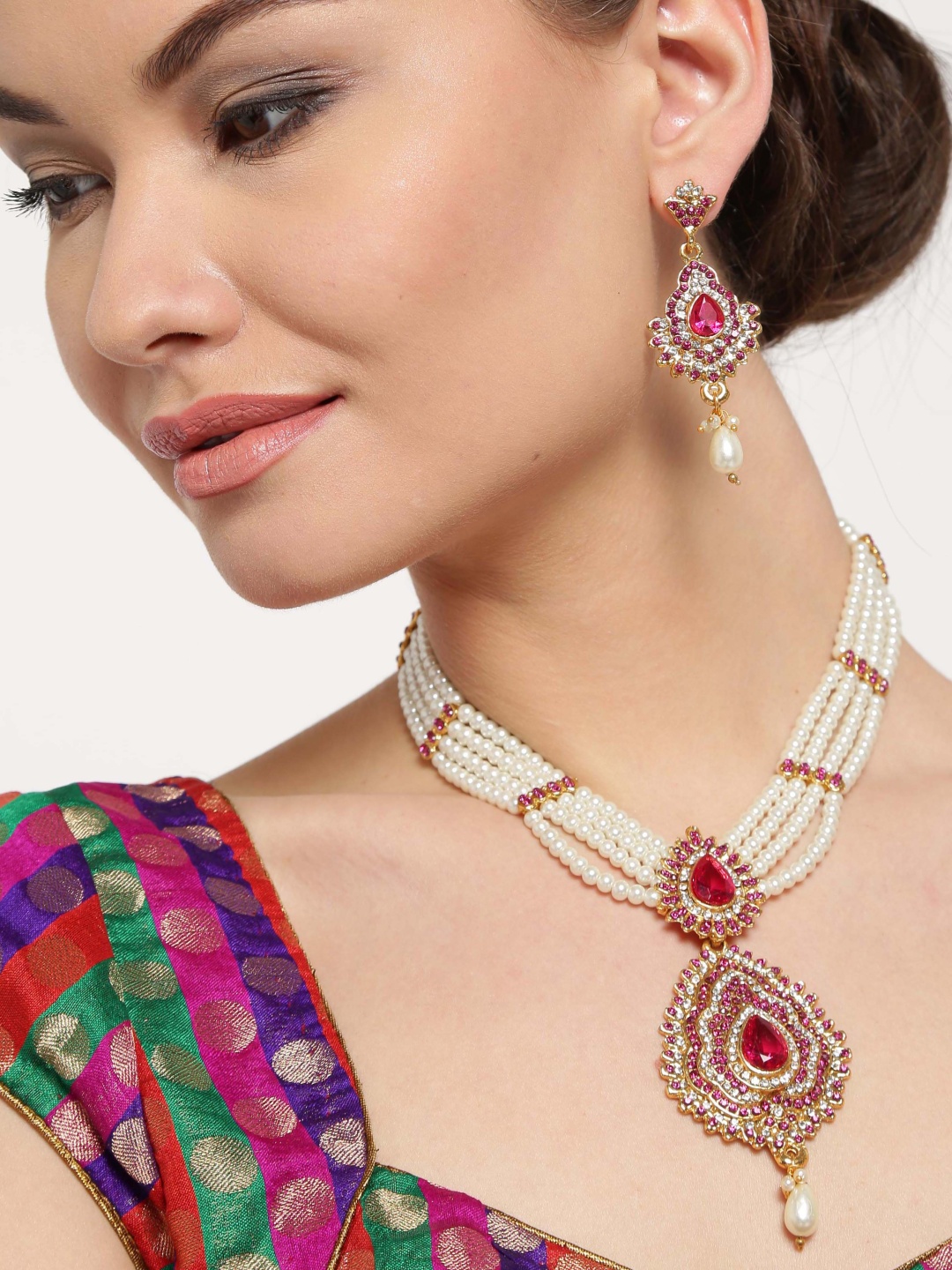 

Zaveri Pearls Off-White & Pink Beaded Jewellery Set