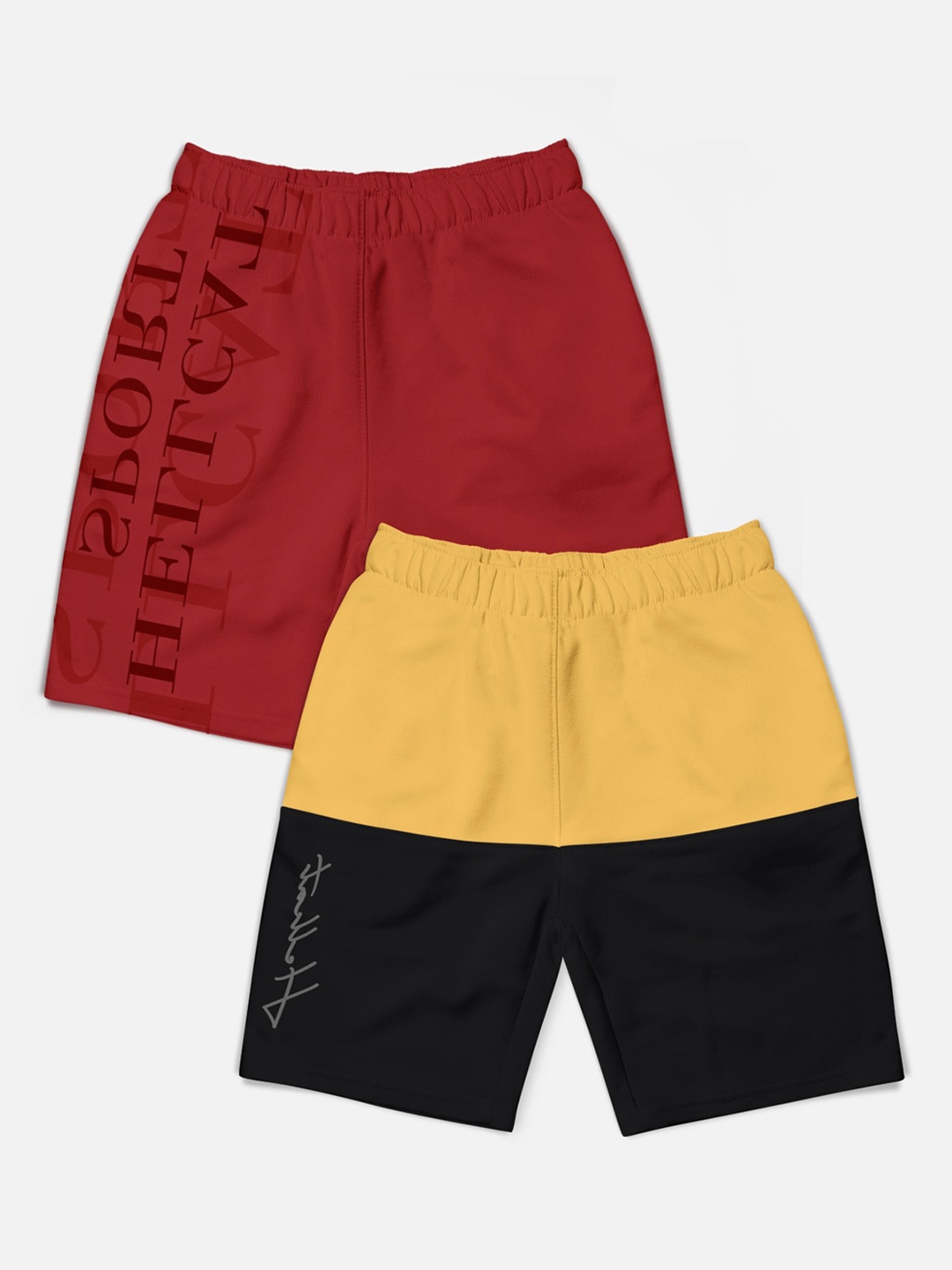 

HELLCAT Boys Pack Of 2 Typography Printed Cotton Shorts, Yellow