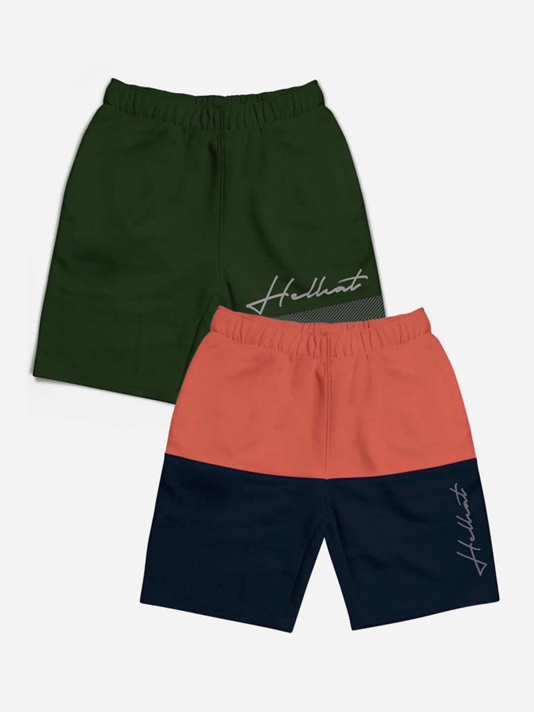 

HELLCAT Boys Pack Of 2 Typography Printed Mid-Rise Cotton Shorts, Olive