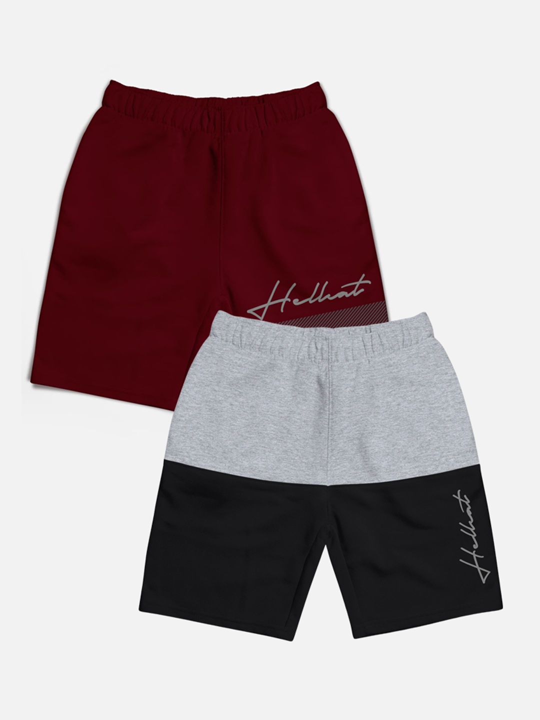 

HELLCAT Boys Pack Of 2 Typography Printed Cotton Shorts, Grey melange