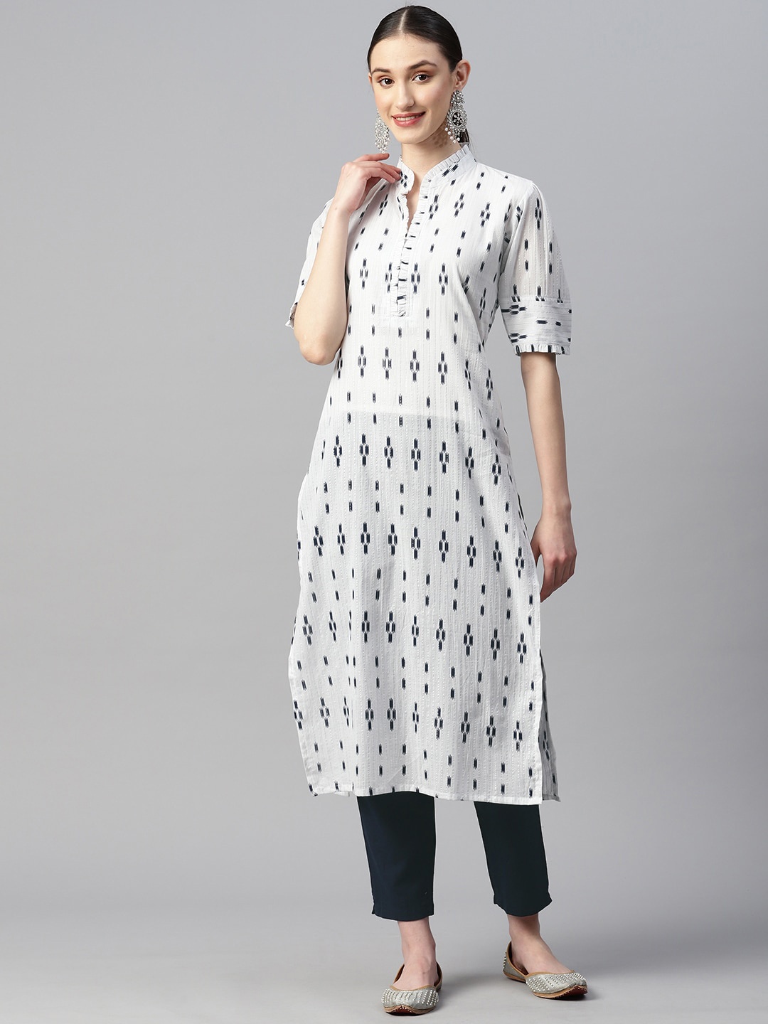 

Indibelle Ethnic Motifs Printed Mandarin Collar Pure Cotton Kurta, White