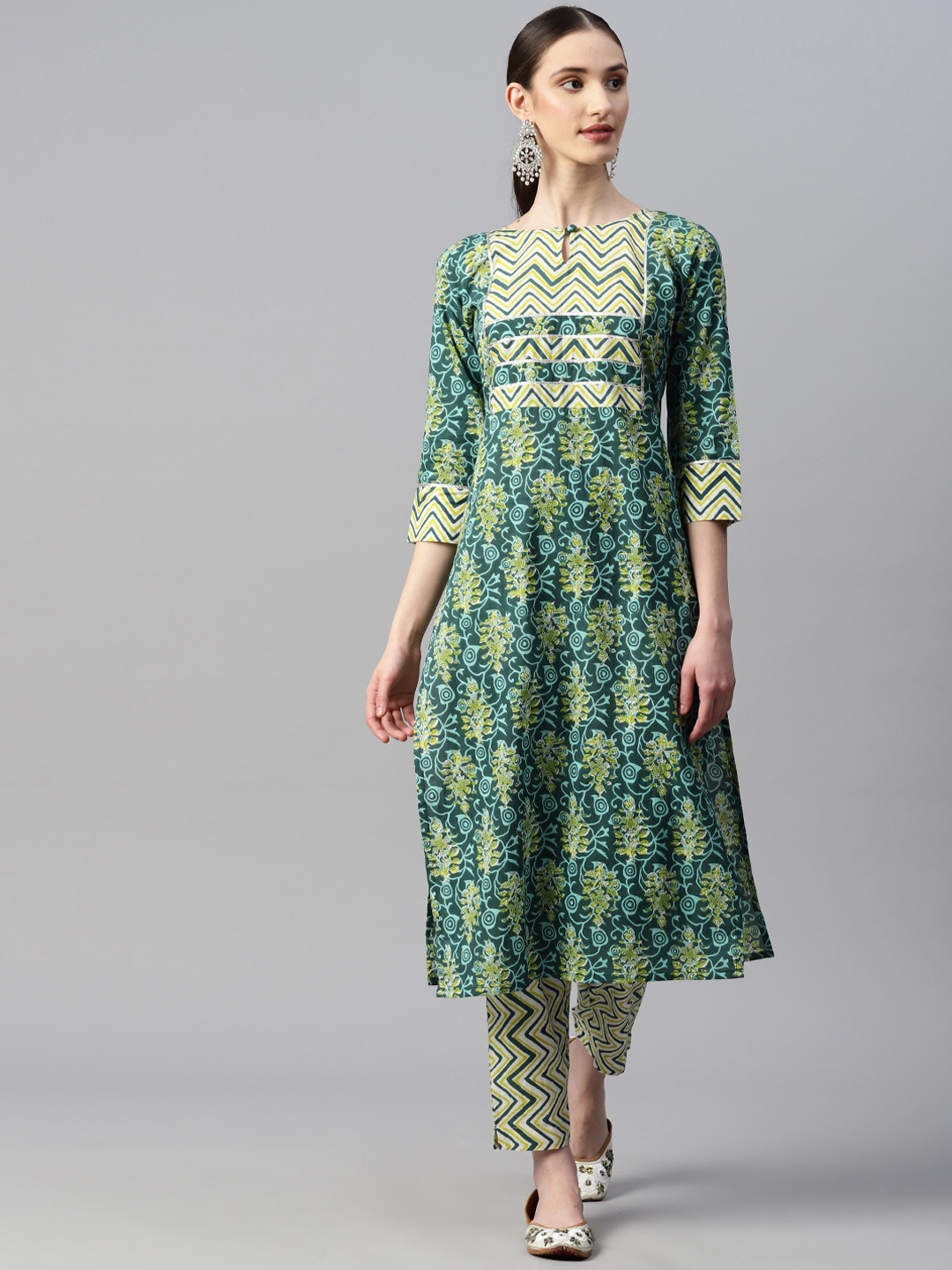 

Indibelle Ethnic Motifs Printed Keyhole Neck Anarkali Kurta, Green