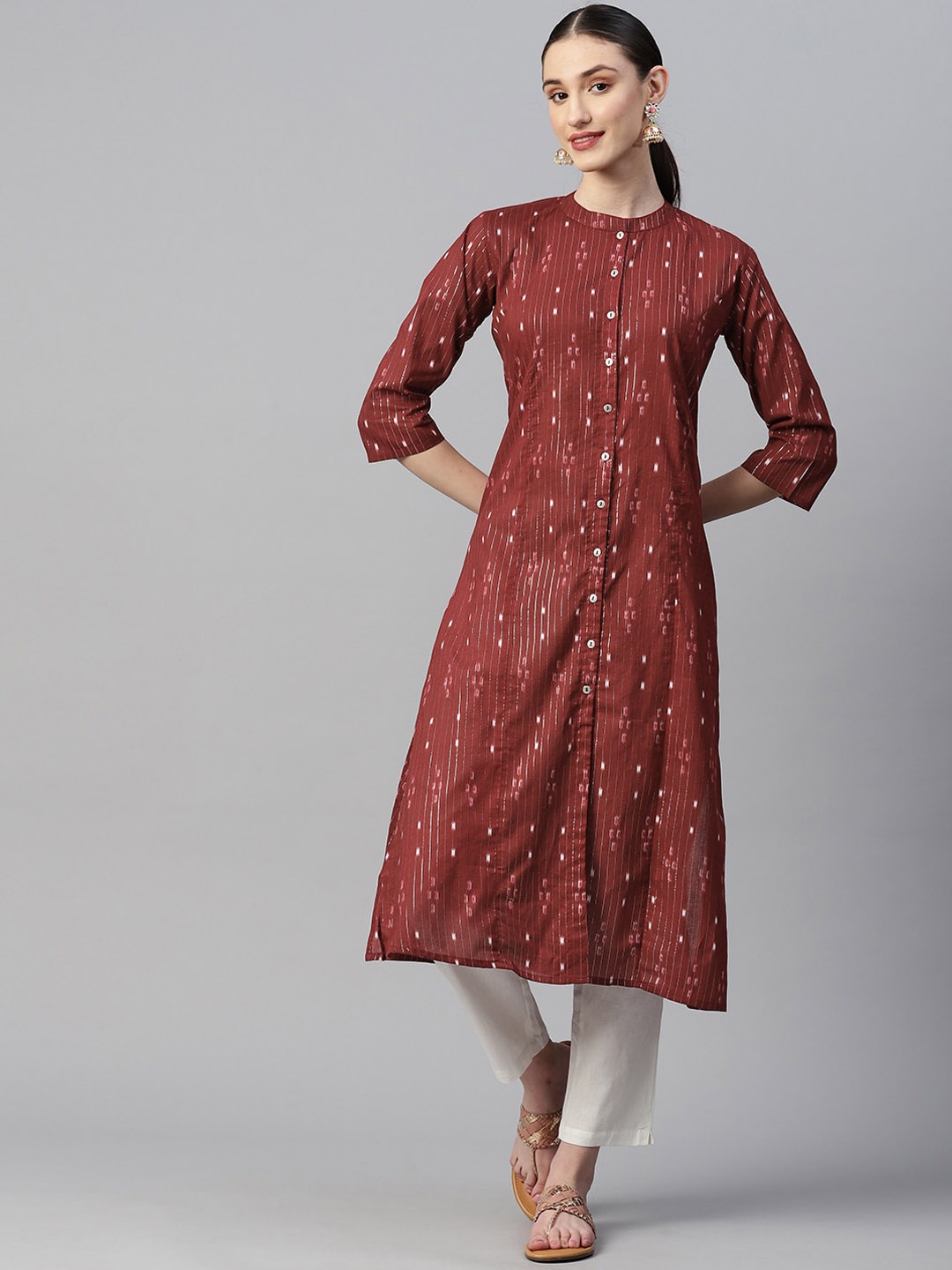 

Indibelle Striped Band Collar A-Line Kurta, Maroon