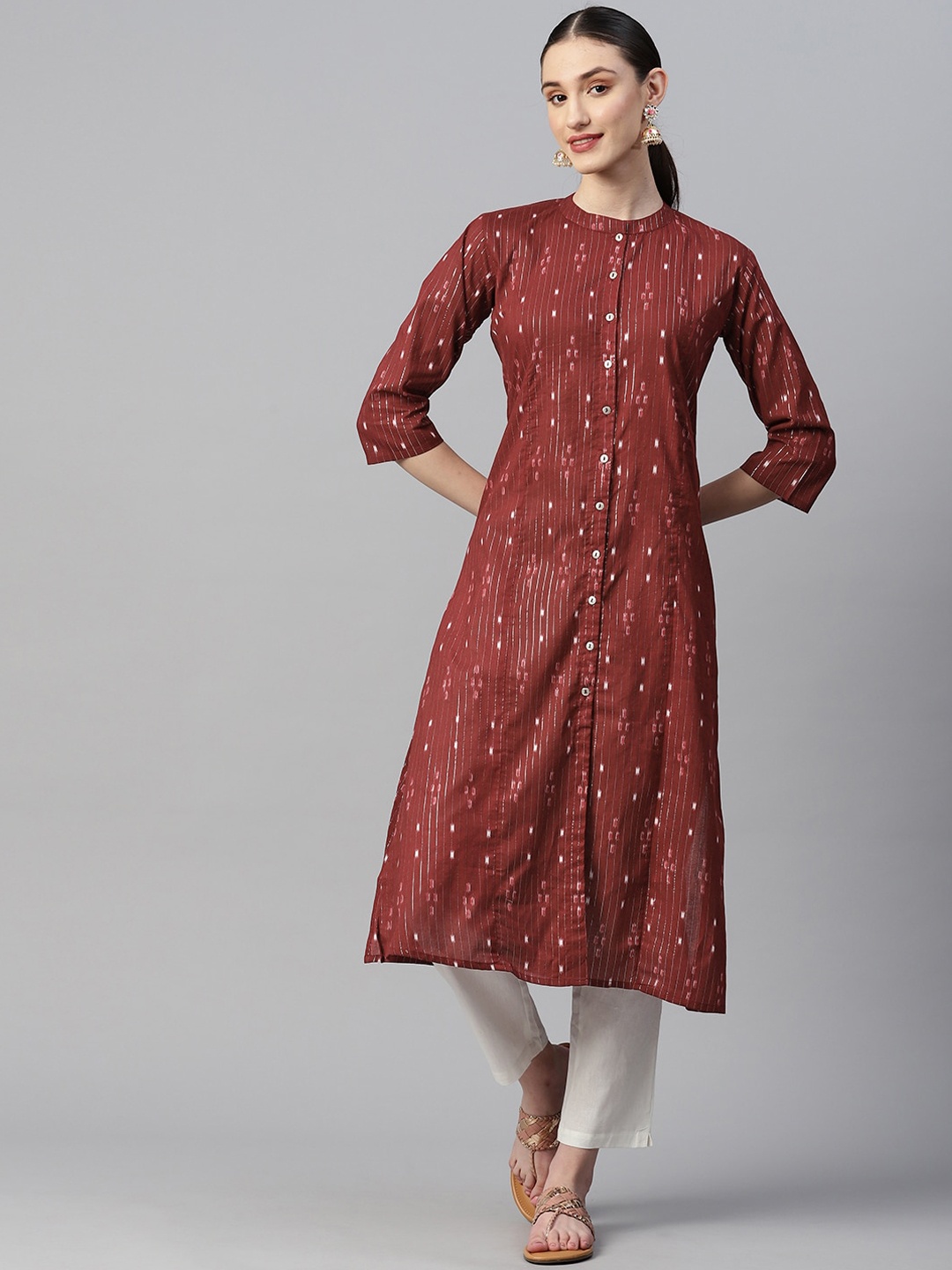 

Indibelle Striped Band Collar Screen Print Pure Cotton A-Line Kurta, Maroon