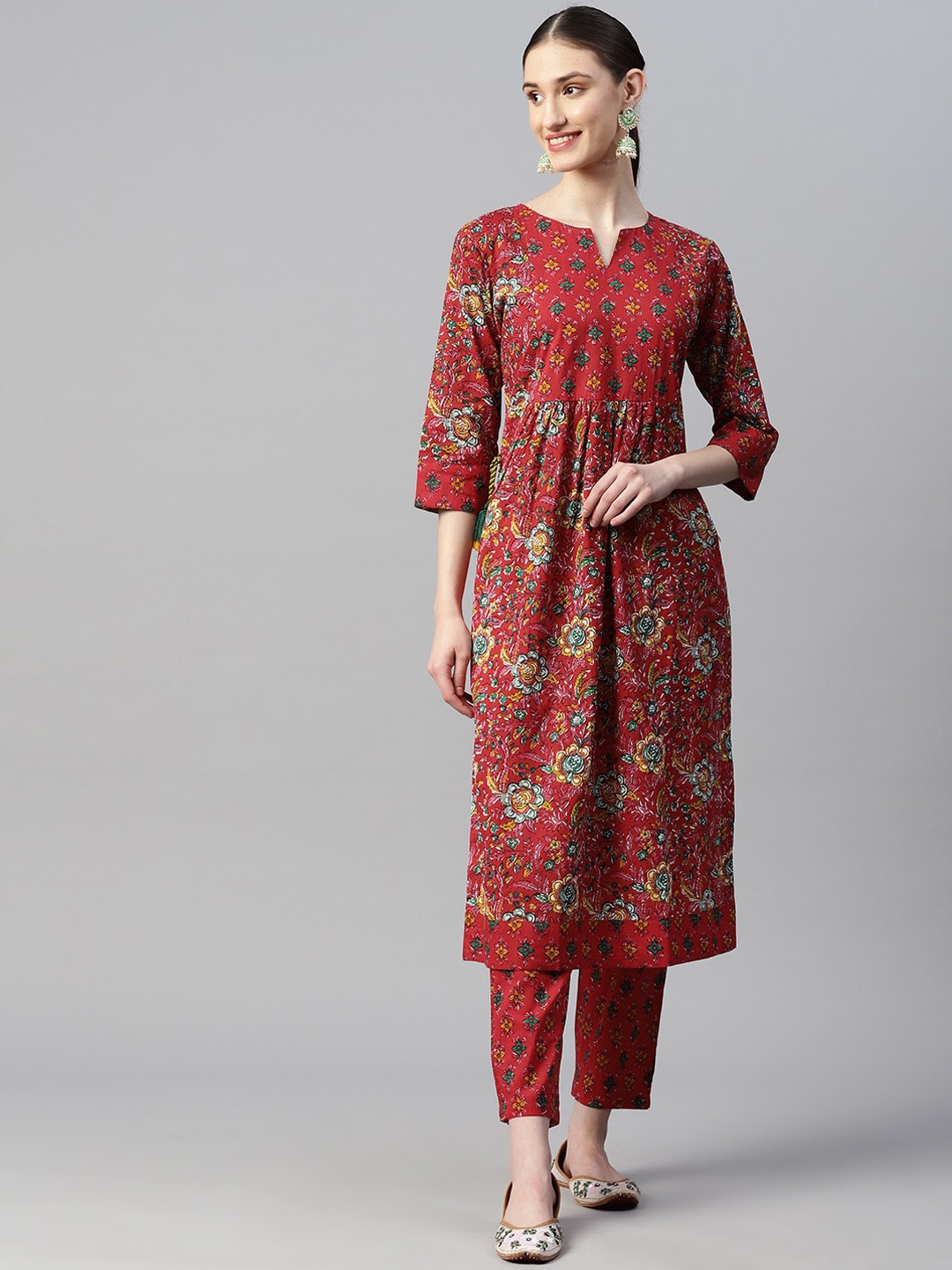 

Indibelle Plus Size Floral Printed Notched Neck Screen Print Pure Cotton Straight Kurta, Red