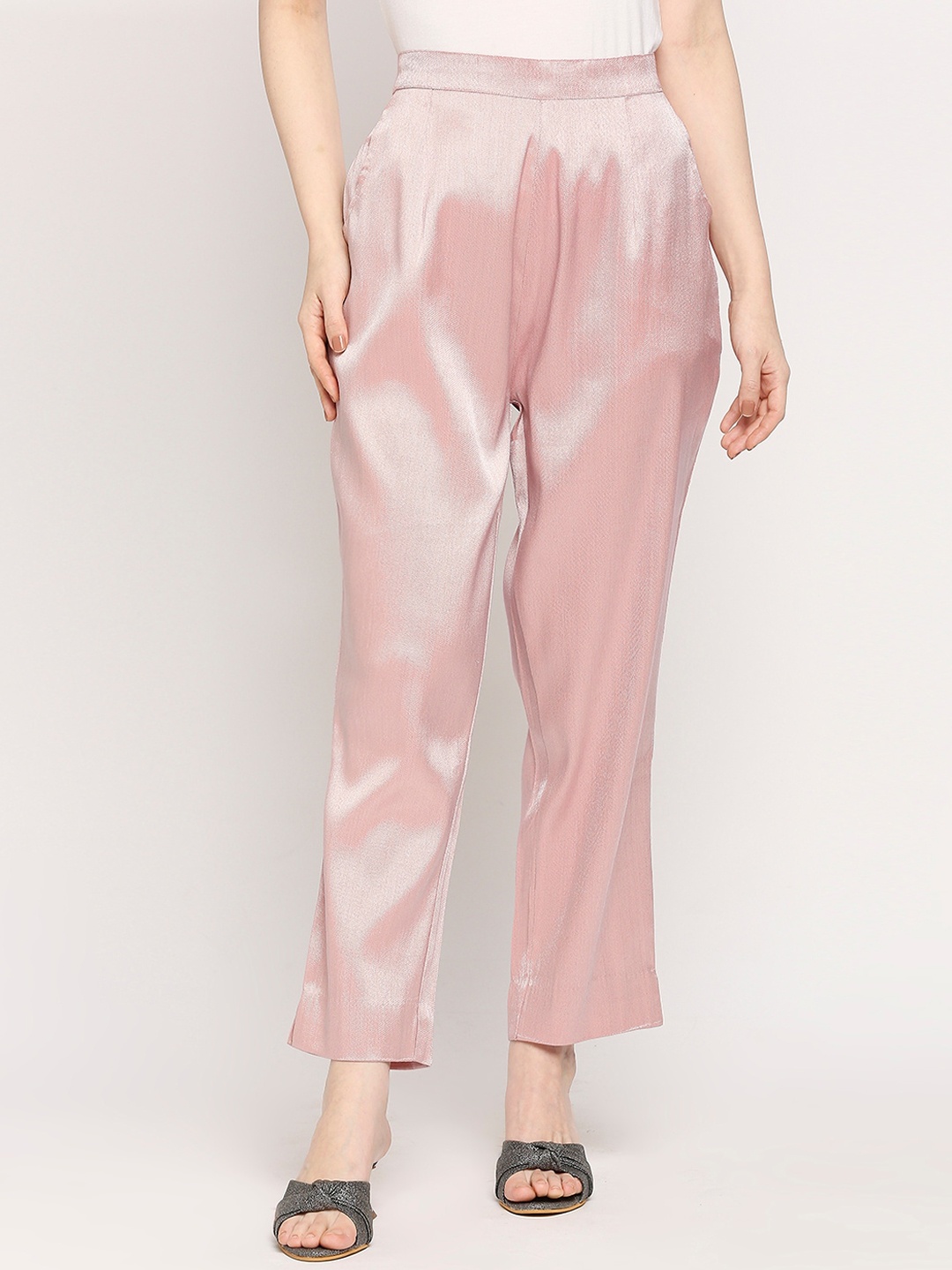

Cloth Haus India Women Relaxed Sheen Self Design Brocade Parallel Trousers, Pink