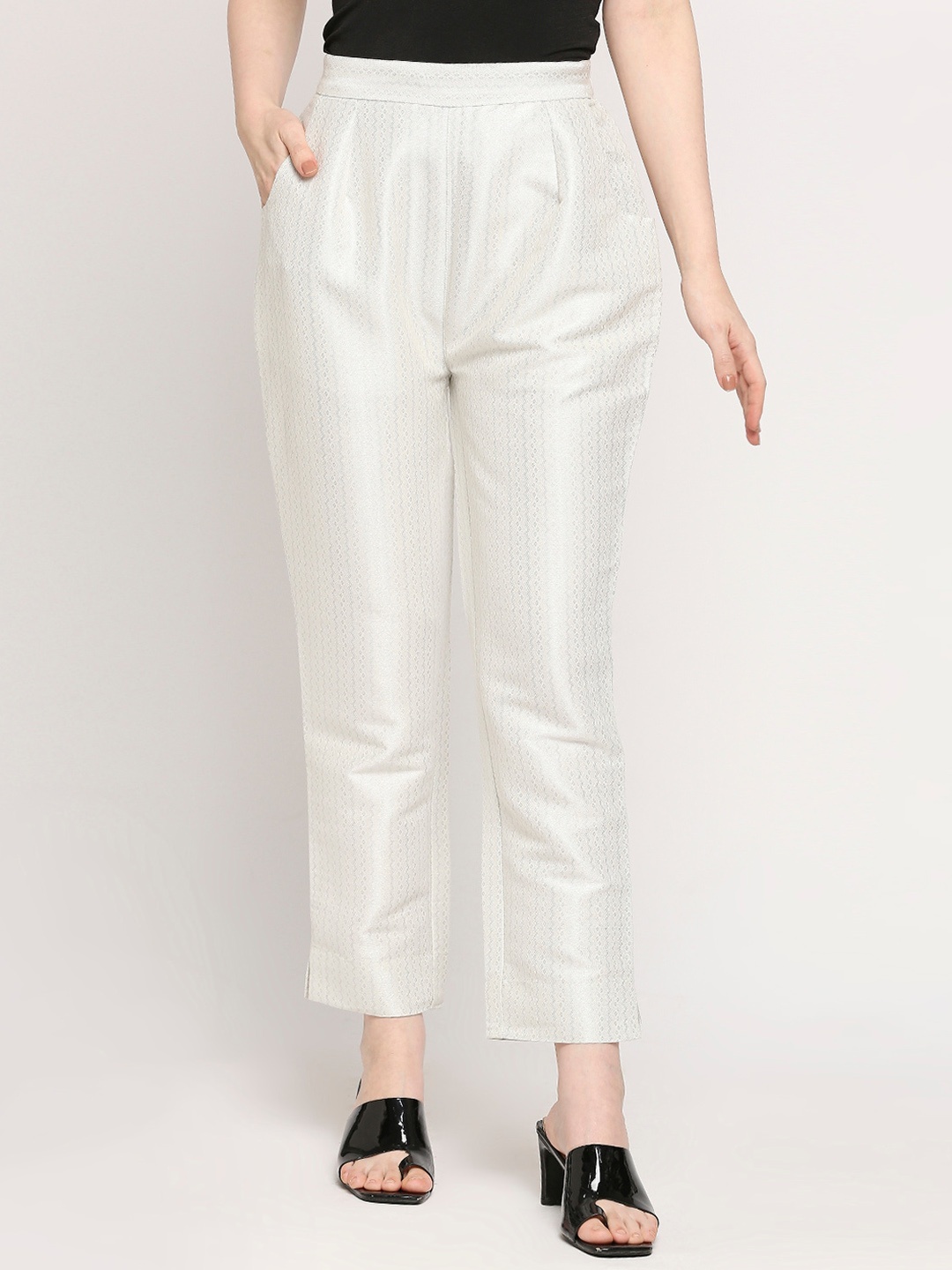 

Cloth Haus India Women Relaxed Sheen Self Design Brocade Dobby Cigarette Trousers, White