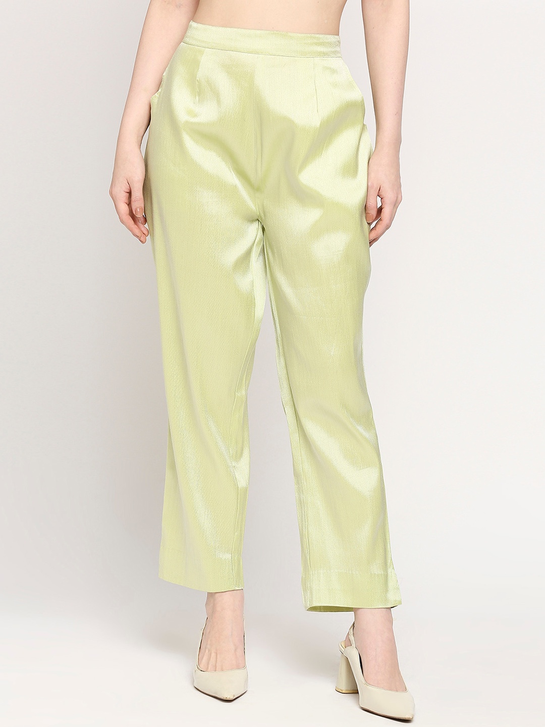 

Cloth Haus India Women Relaxed Sheen Regular Fit Brocade Trousers, Lime green