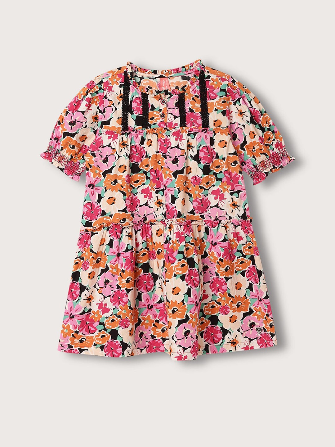 

Blue Giraffe Girls Floral Printed Smocking Pure Cotton A-Line Dress, Pink
