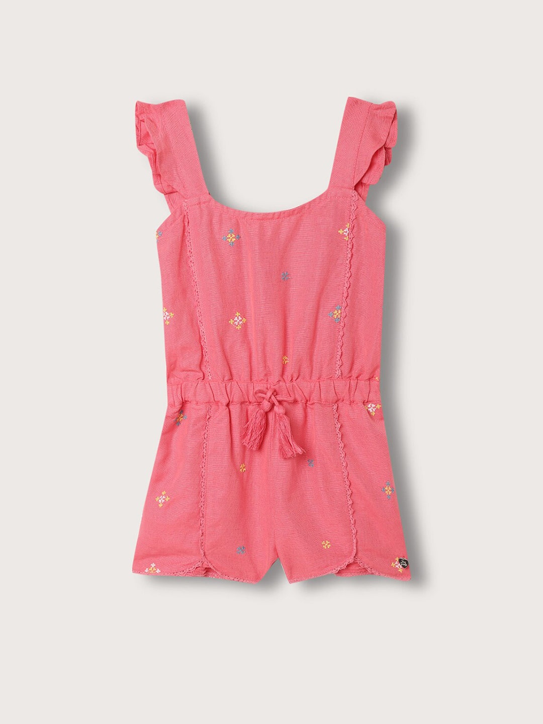 

Blue Giraffe Girls Embroidered Ruffles Wasit Tie-Ups Jumpsuit, Pink