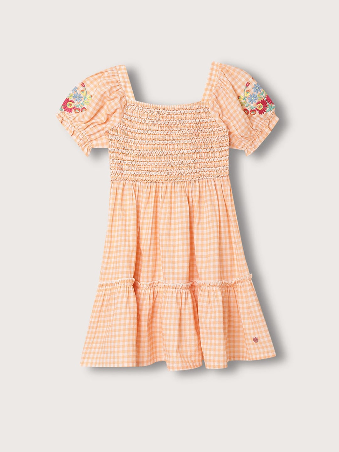 

Blue Giraffe Girls Checked Smocking Puff Sleeve Pure Cotton A-Line Dress, Orange