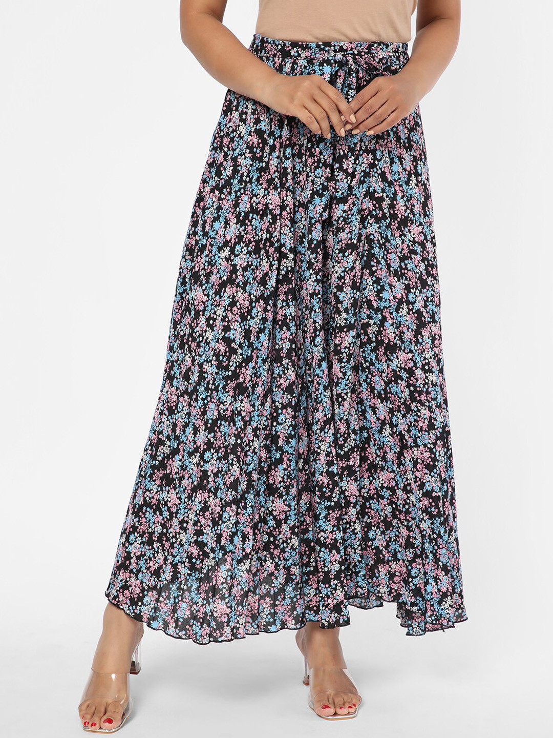 

R&B Floral Printed Maxi A-Line Skirt, Black