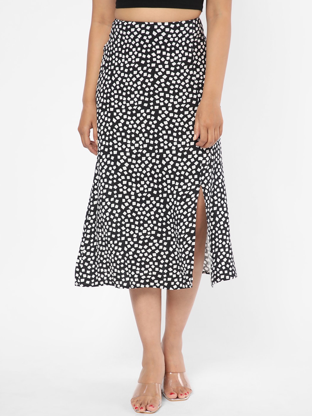 

R&B Geometric Printed Front Slit A-Line Midi Skirt, Black