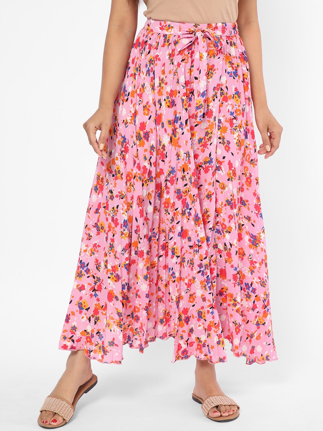 

R&B Floral Printed Flared Maxi Skirt, Pink