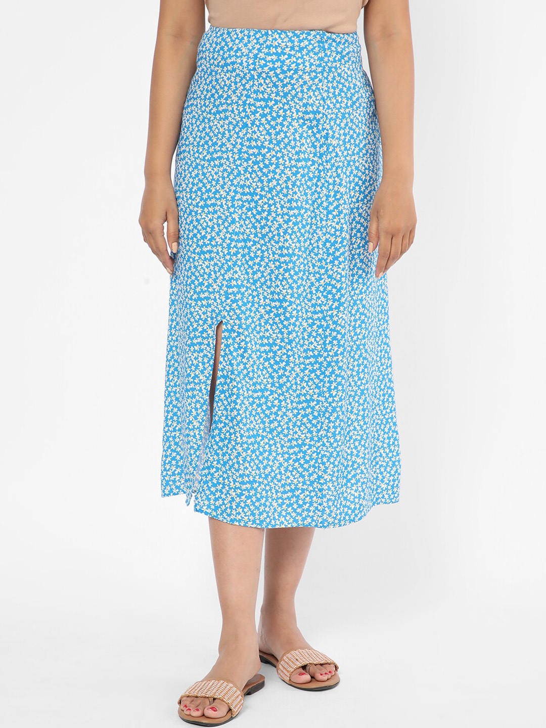 

R&B Printed A-line Front Slit Midi Skirt, Turquoise blue