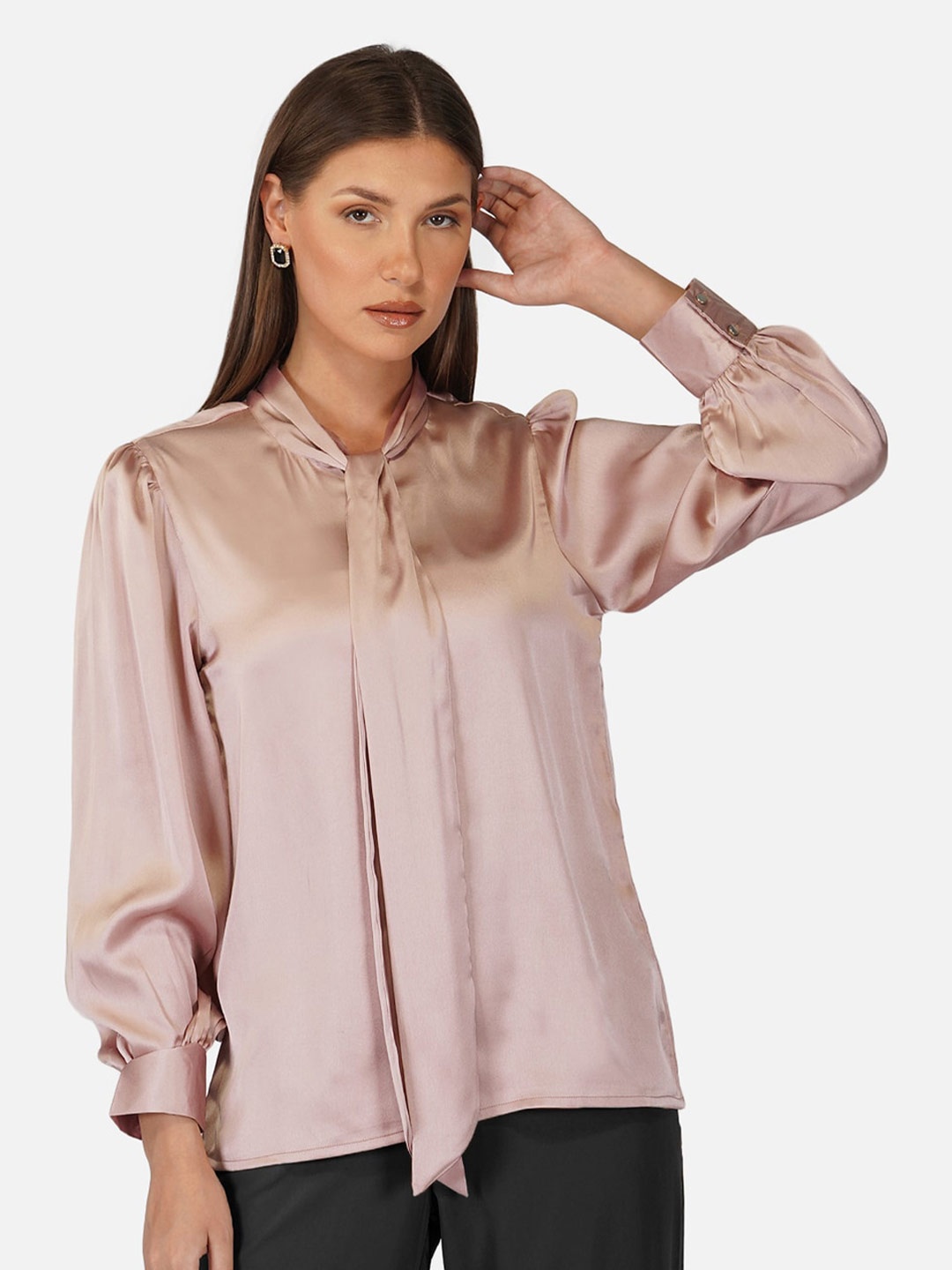 

PURYS Tie-Up Neck Cuffed Sleeve Satin Shirt Style Top, Pink