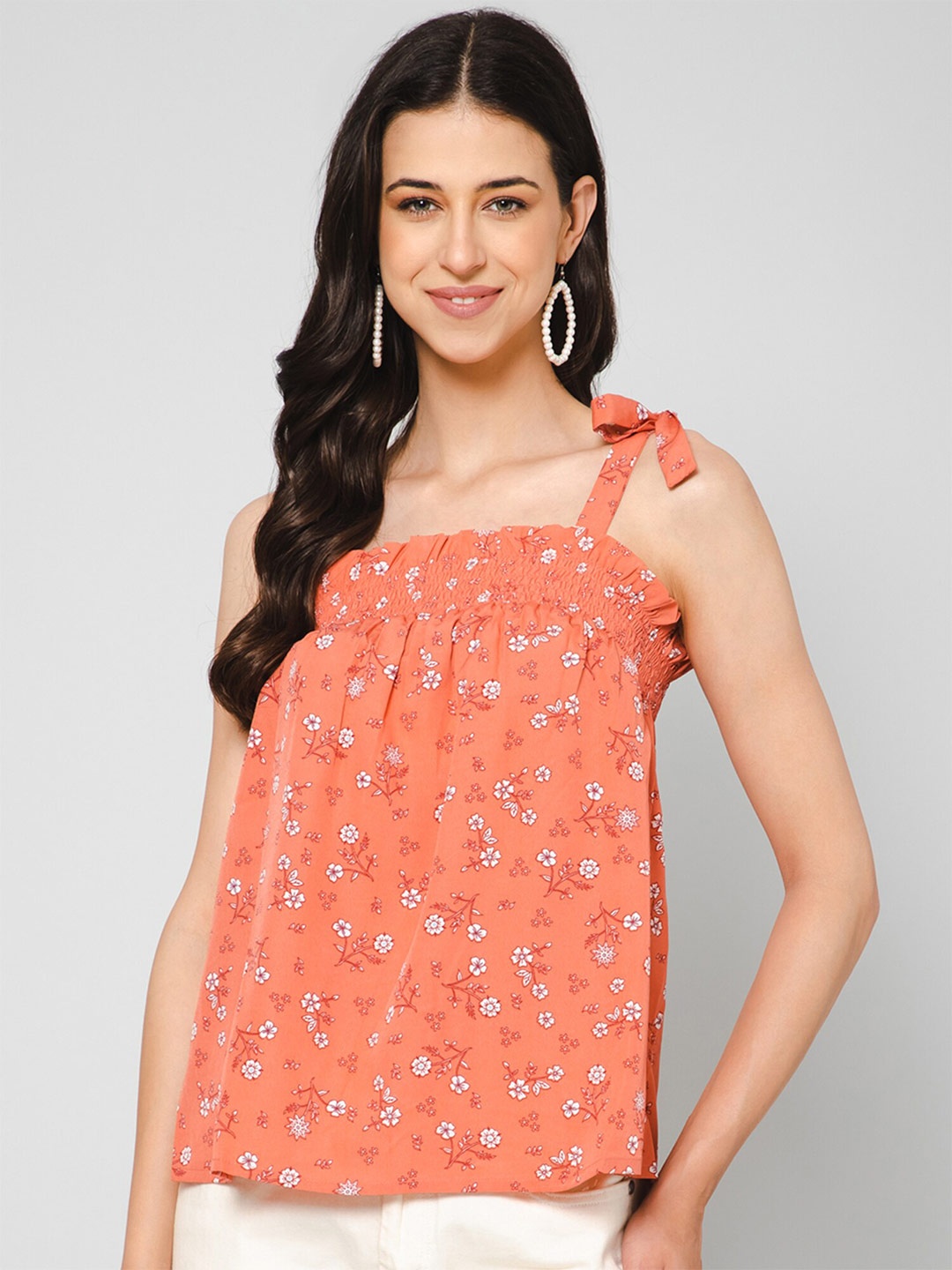 

PURYS Floral Printed Smocked Shoulder Straps Top, Coral