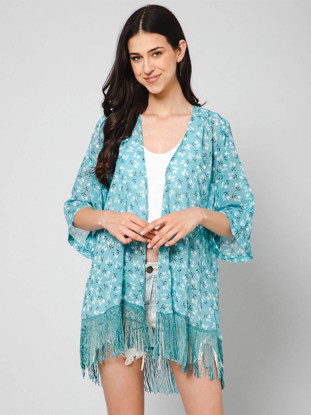 

PURYS Women Floral Printed Kimono Open Front Tasselled Shrug, Blue