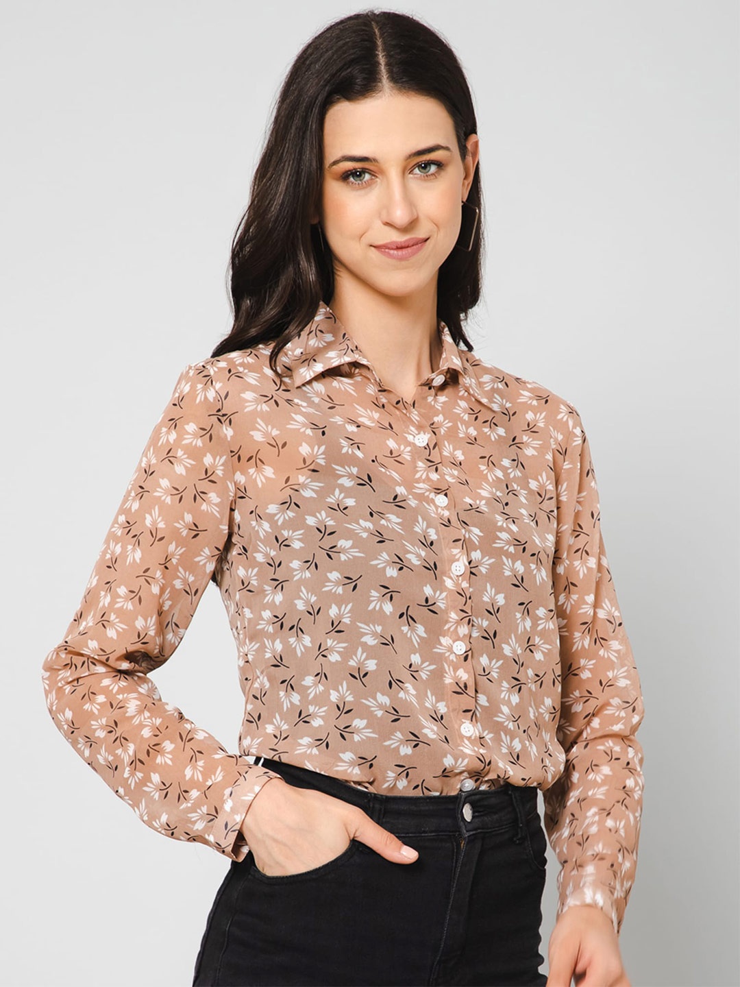 

PURYS Women Floral Printed Regular Fit Casual Shirt, Brown