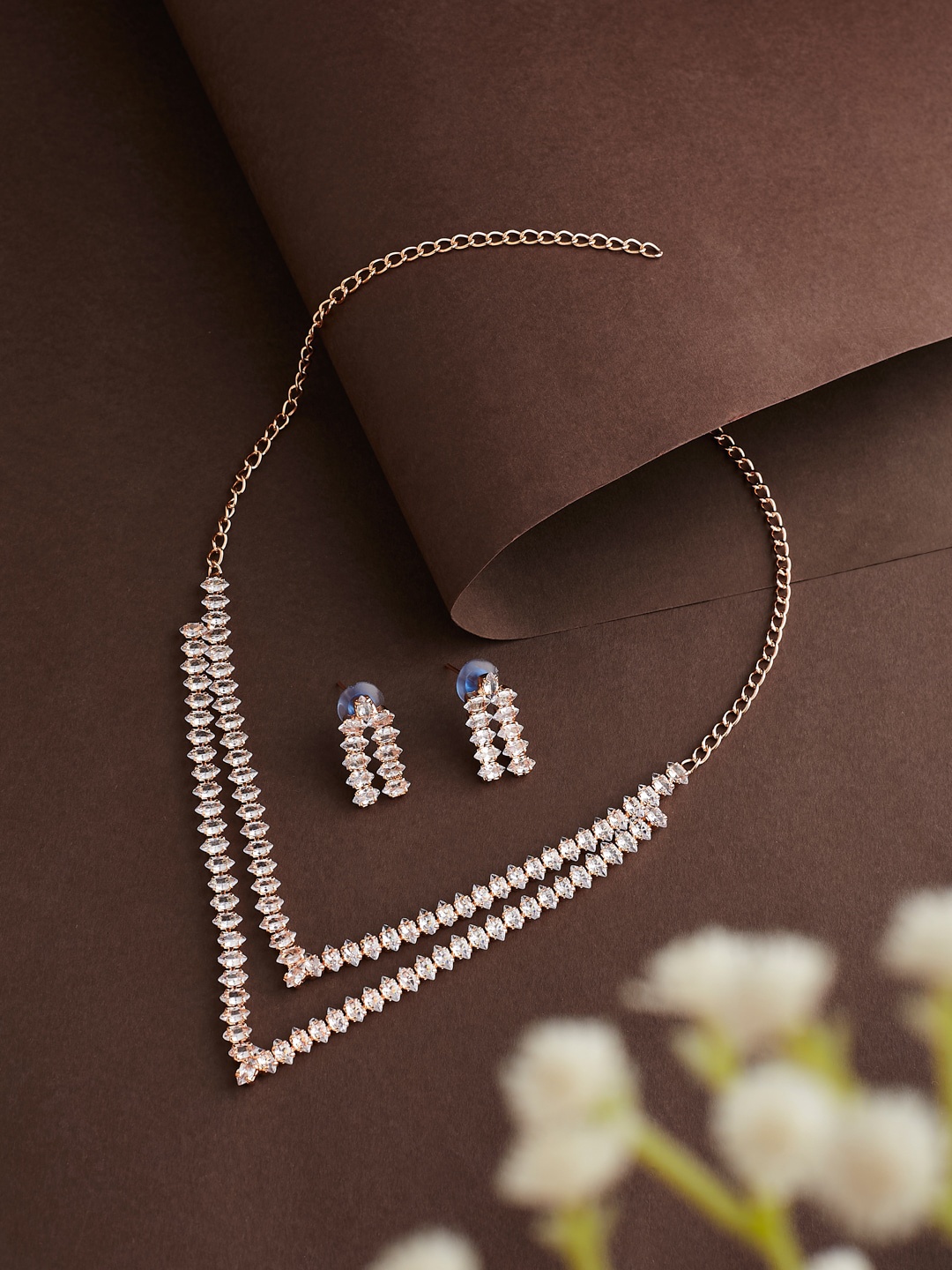 

ATIBELLE Rose Gold-Plated AD-Studded Layered V-Shaped Brass Jewellery Set, White