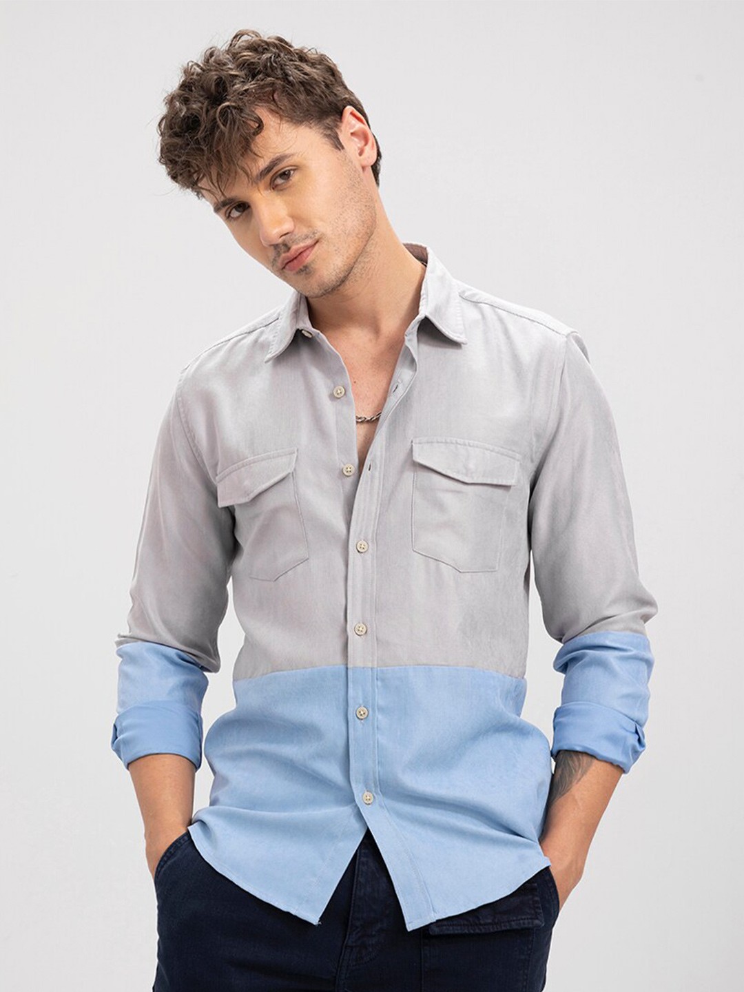 

Snitch Slim Fit Opaque Colourblocked Casual Shirt, Grey