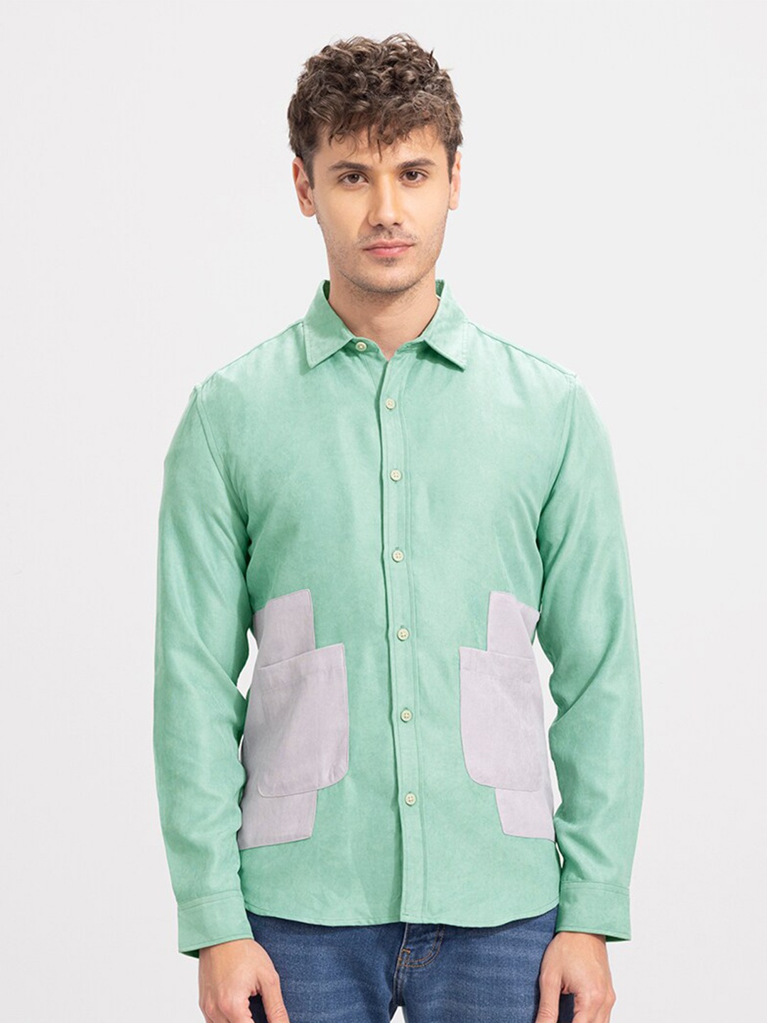 

Snitch Men Slim Fit Colourblocked Casual Cotton Shirt, Green