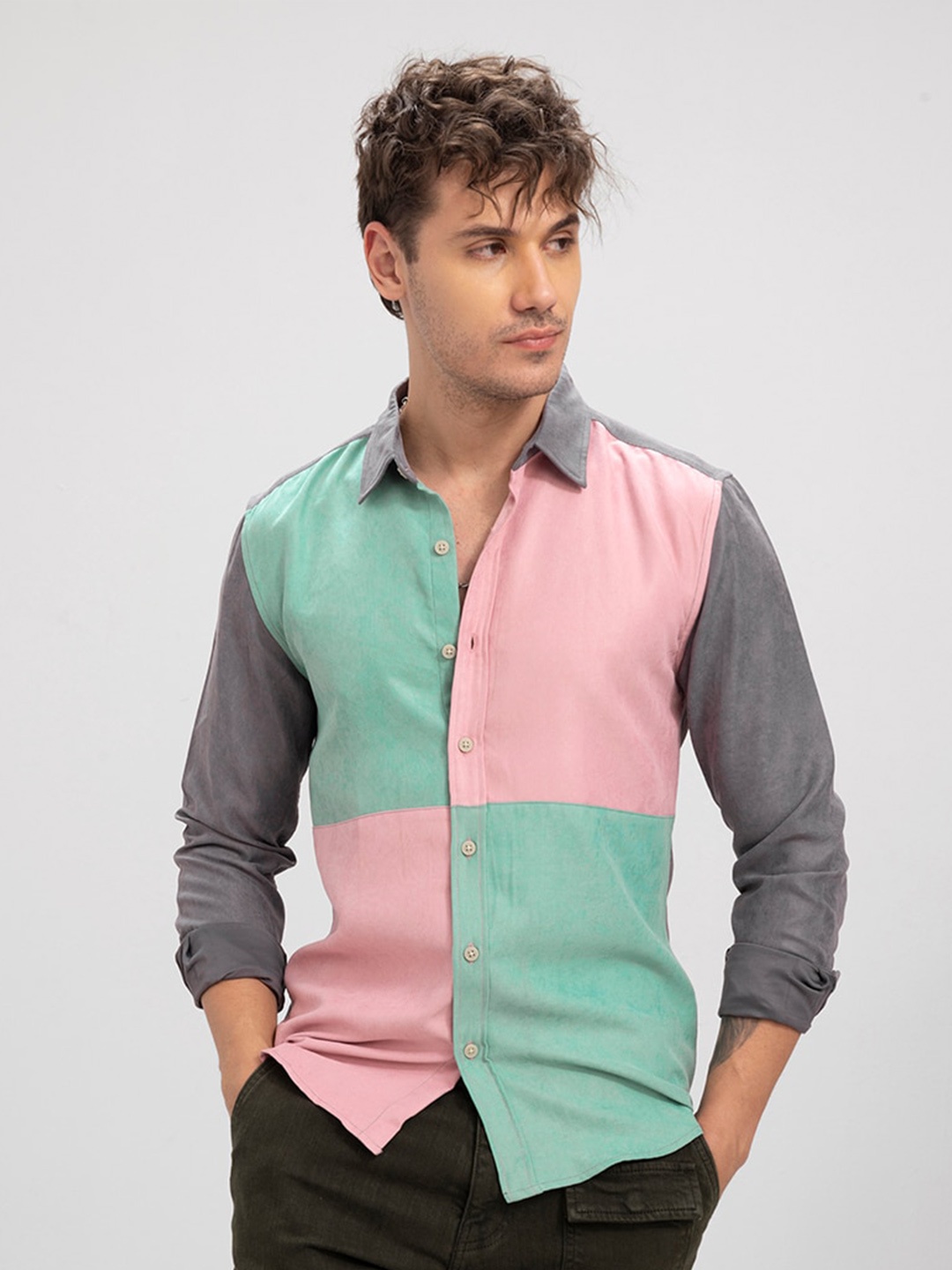 

Snitch Men Slim Fit Colourblocked Casual Cotton Shirt, Pink