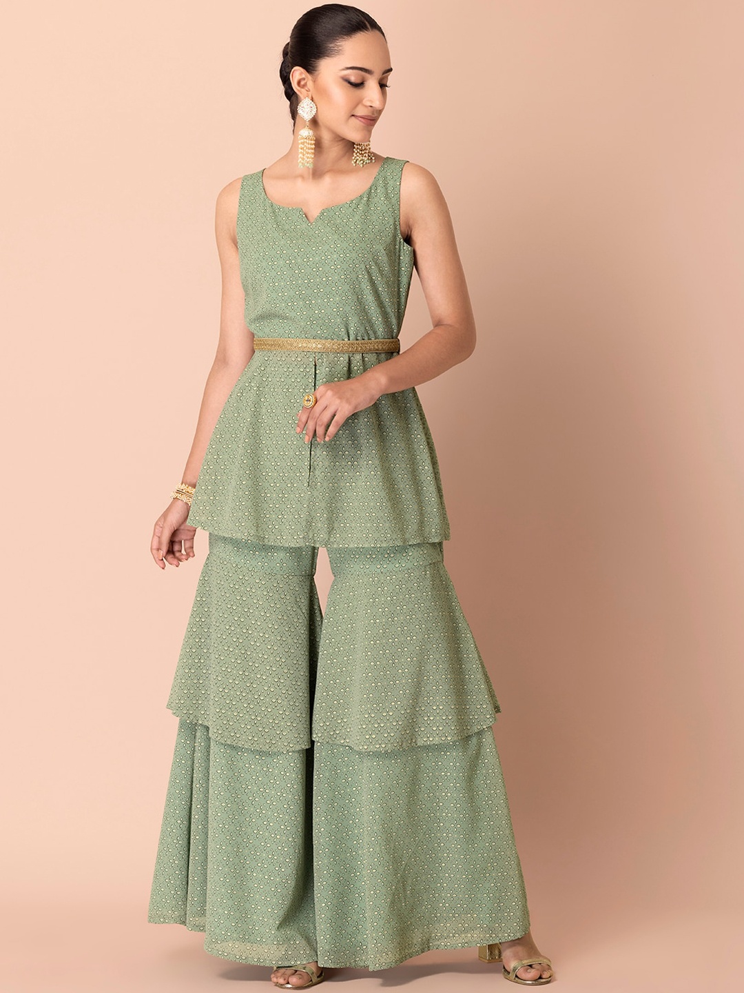 

INDYA Ethnic Motifs Printed Peplum Kurti With Layered Sharara, Green