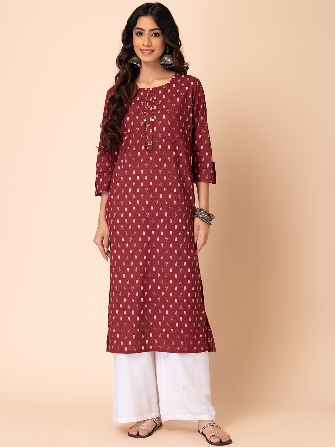

INDYA Abstract Printed Mirror Work Pure Cotton Kurta, Maroon
