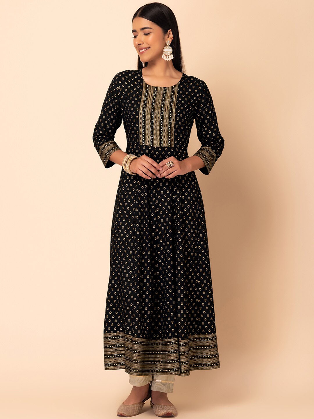 

INDYA Foil Printed Mirror Work Anarkali Kurta, Black