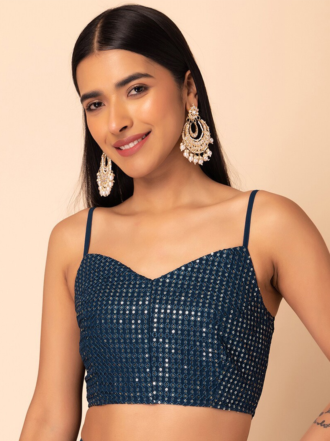 

INDYA Embroidered Smocked Sequins Crop Top, Teal
