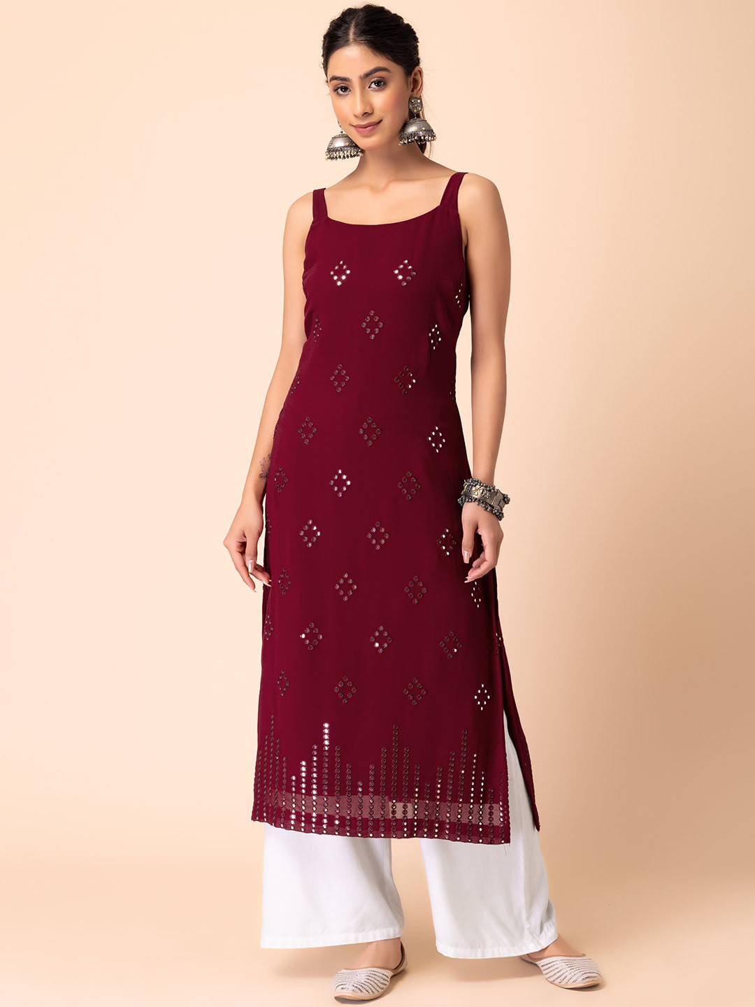 

INDYA Sleeveless Mirror Work Straight Kurta, Maroon