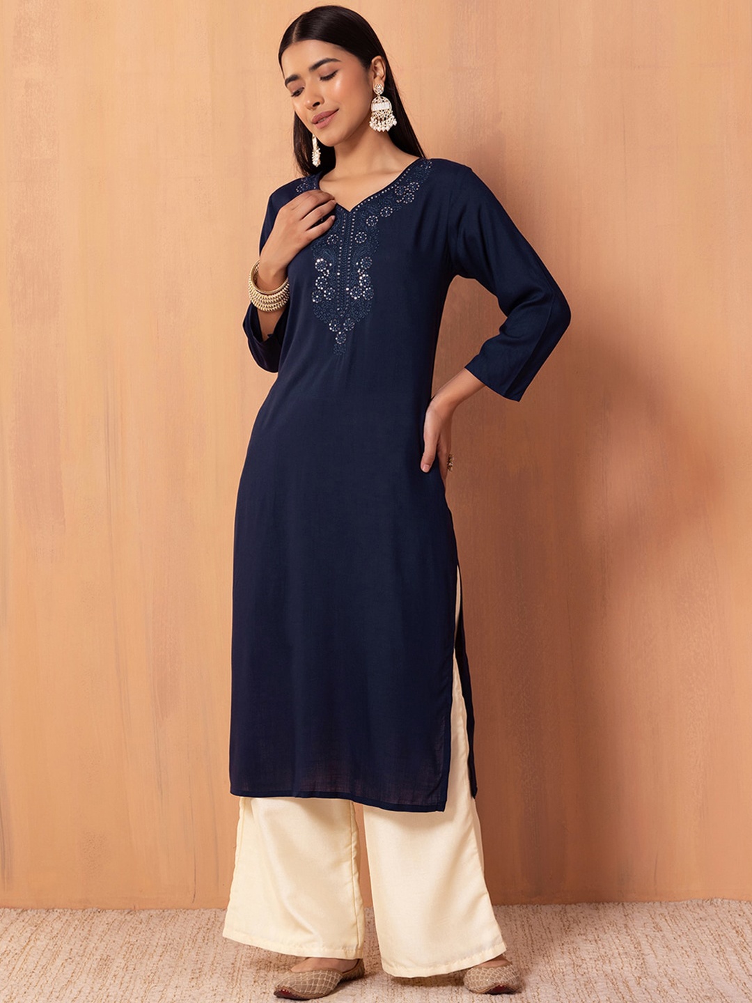 

INDYA Ethnic Motifs Yoke Design Sequinned Straight Kurta, Navy blue