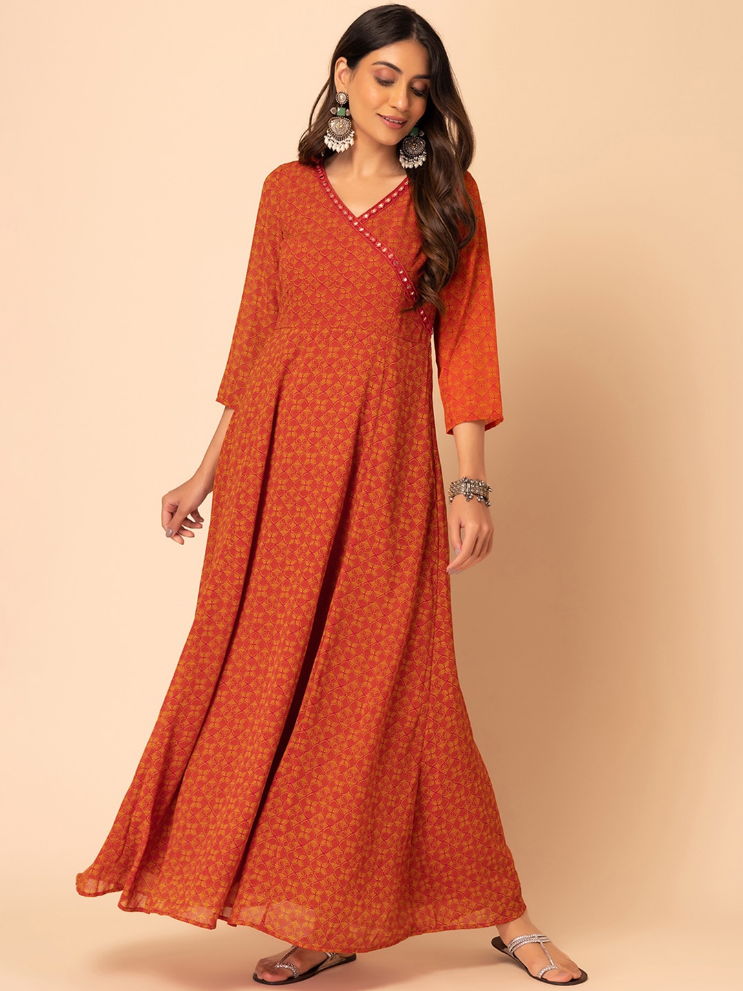 

INDYA Ethnic Motifs Printed Mirror Work Angarkha Kurta, Rust