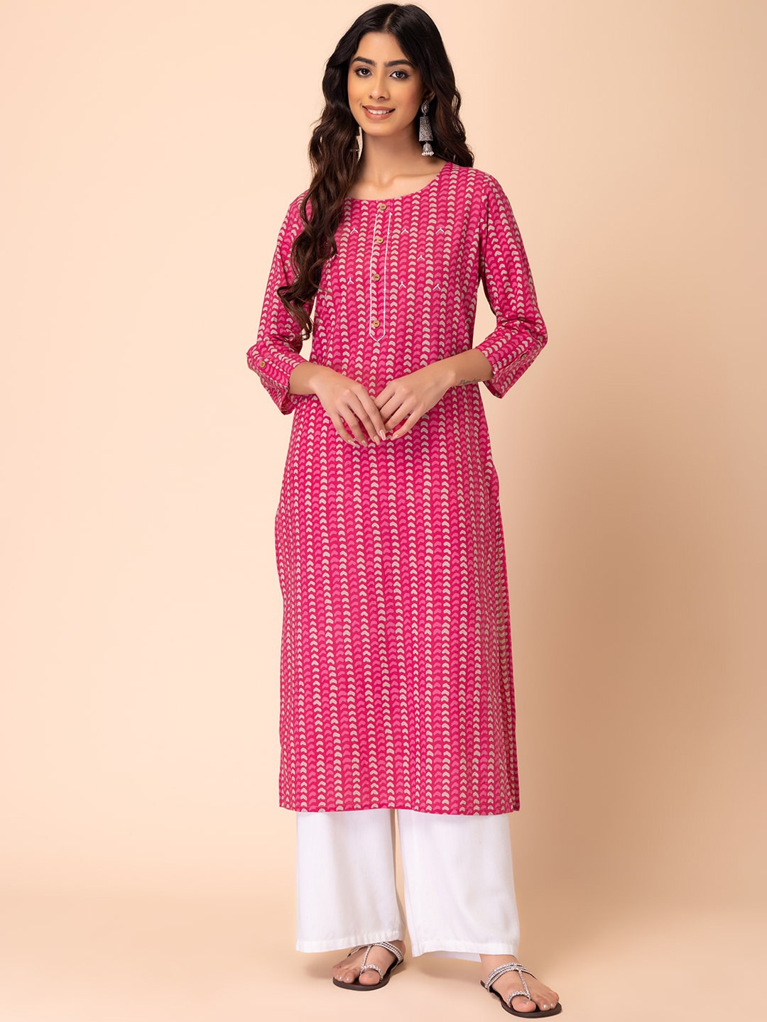 

INDYA Ethnic Motifs Printed Sequinned Pure Cotton Straight Kurta, Pink