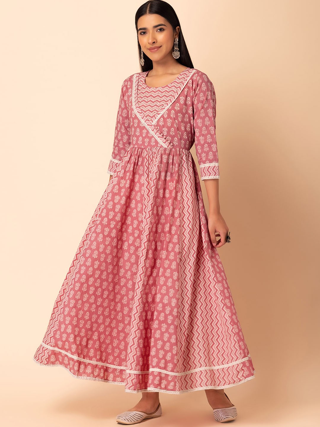 

INDYA Ethnic Motifs Printed Sequinned Pure Cotton Angrakha Kurta, Peach