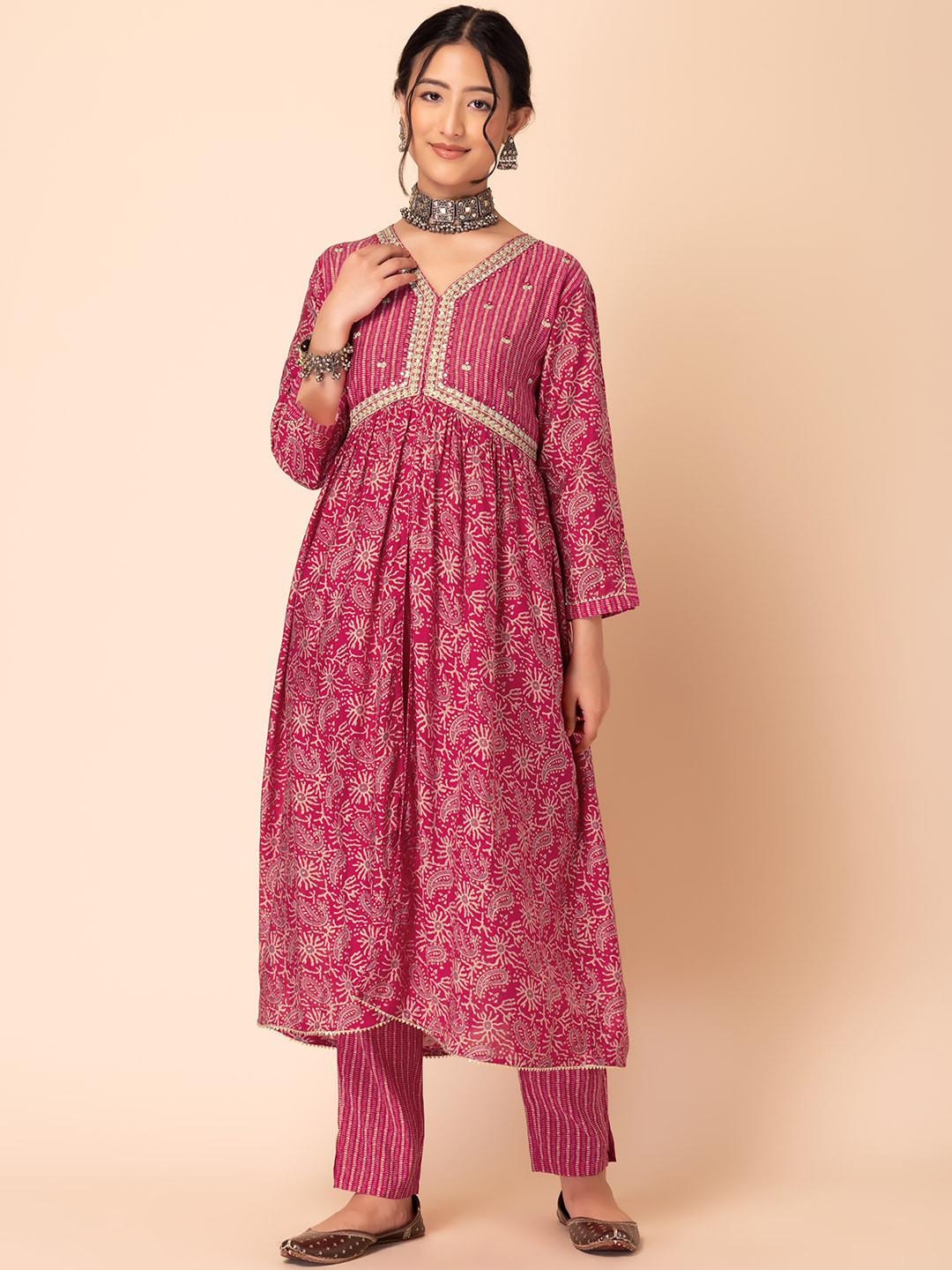 

INDYA Ethnic Motifs Printed Mirror Work A-Line Kurta With Trouser, Pink