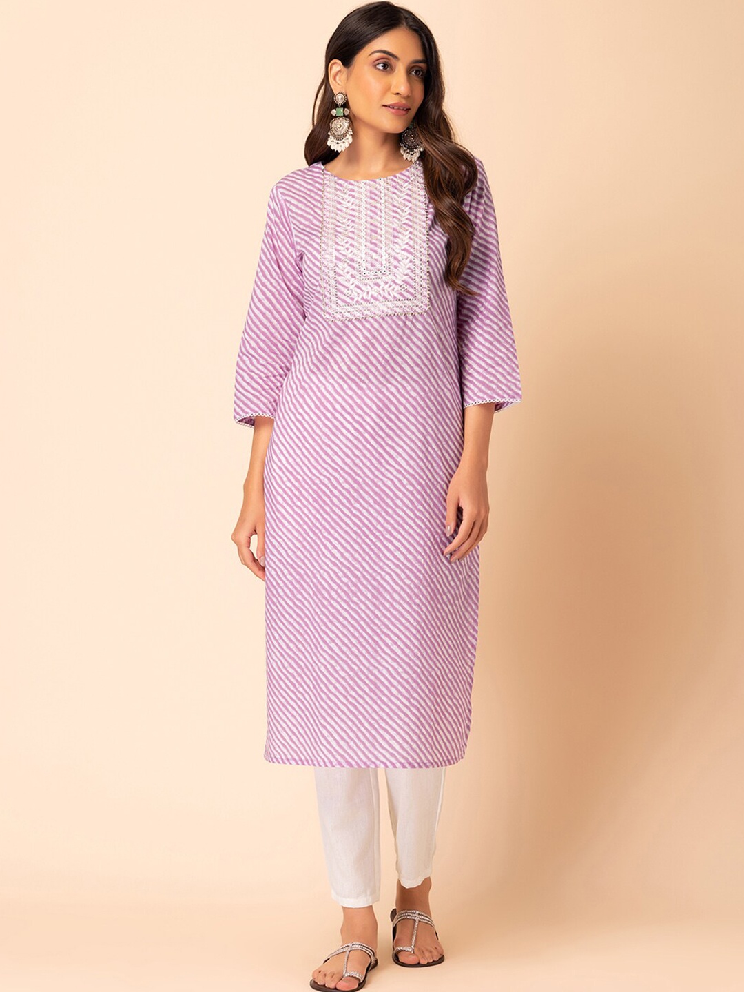 

INDYA Leheriya Printed Mirror Work Pure Cotton Straight Kurta With Trouser, Purple