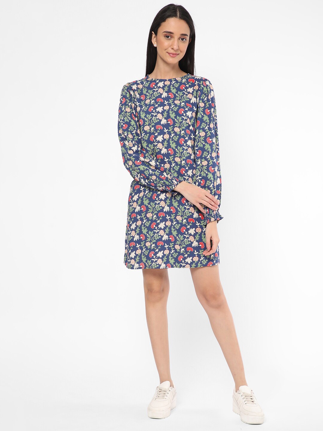 

R&B Round Neck Floral Printed Mini A-Line Dress, Blue