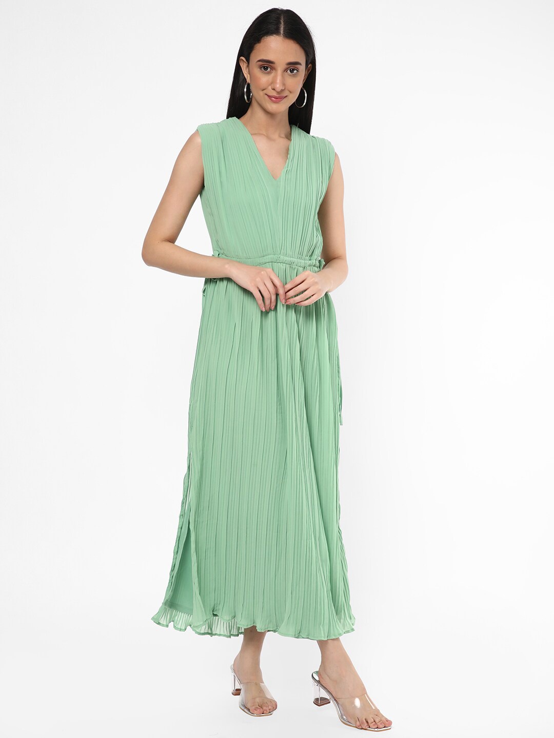 

R&B V-Neck Accordion Pleats Tie Up Side Slit Maxi Dress, Green