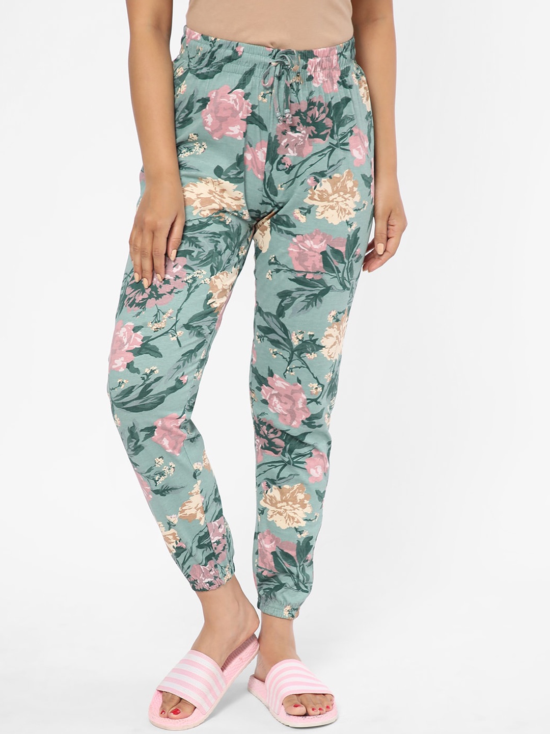 

R&B Women Floral Printed Cotton Lounge Pants, Green