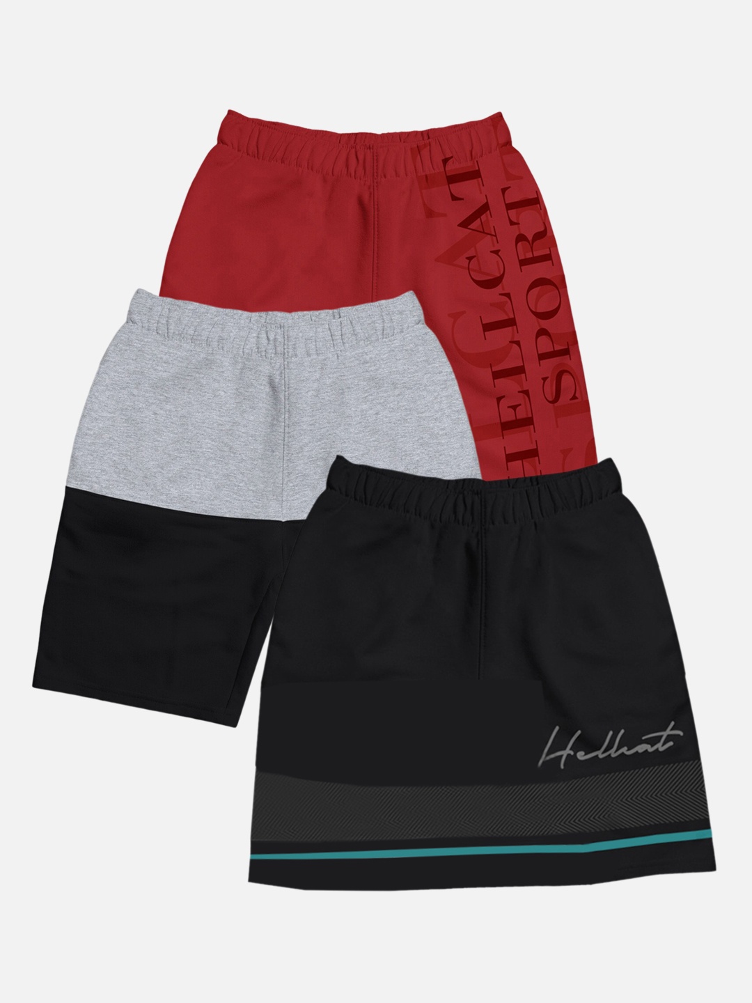 

HELLCAT Boys Pack Of 3 Typography Printed Cotton Shorts, Black