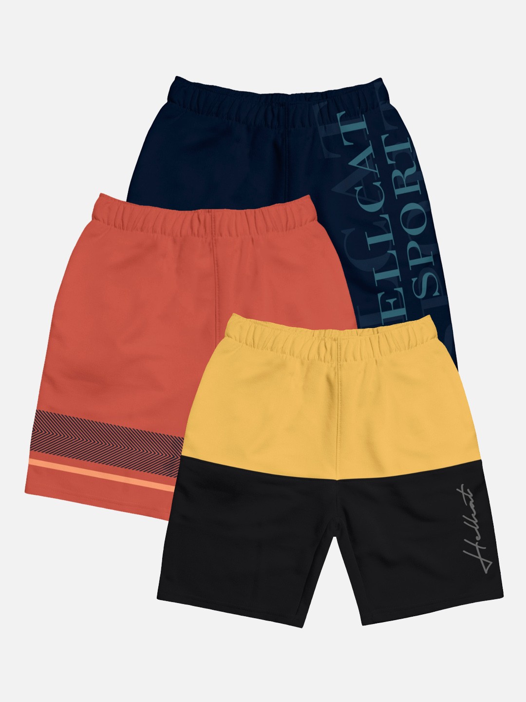 

HELLCAT Boys Pack Of 3 Typography Printed Regular Shorts, Yellow