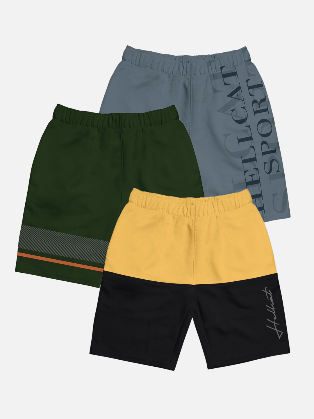

HELLCAT Boys Pack Of 3 Mid-Rise Colourblocked Cotton Shorts, Grey