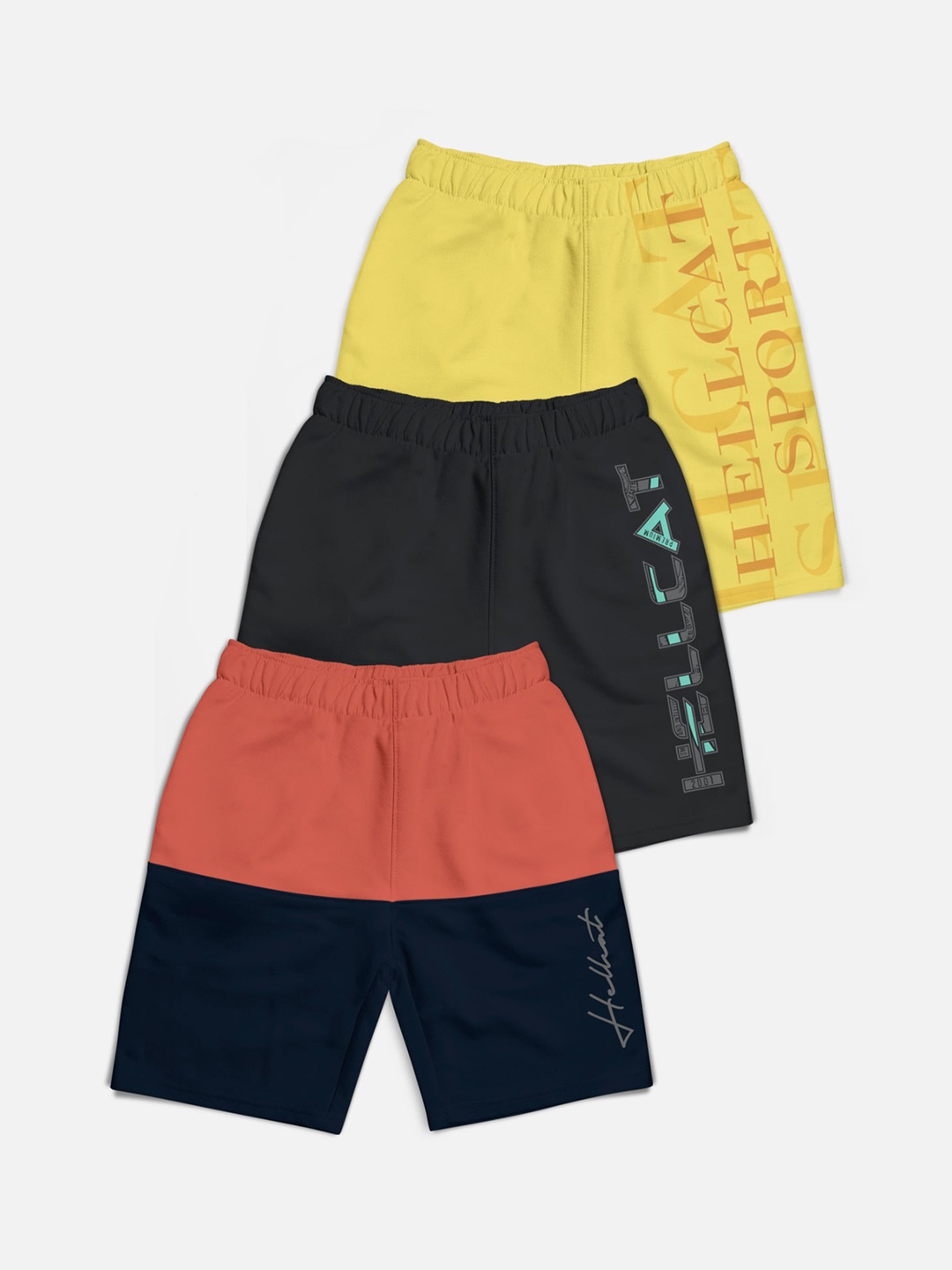 

HELLCAT Boys Pack Of 3 Colourblocked Mid Rise Cotton Shorts, Orange