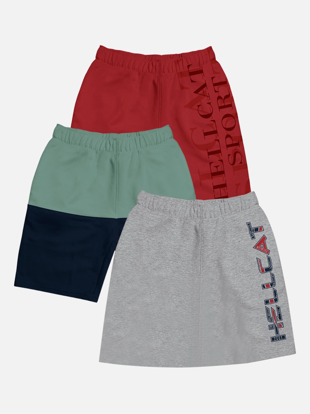 

HELLCAT Boys Pack Of 3 Typography Printed Cotton Shorts, Grey